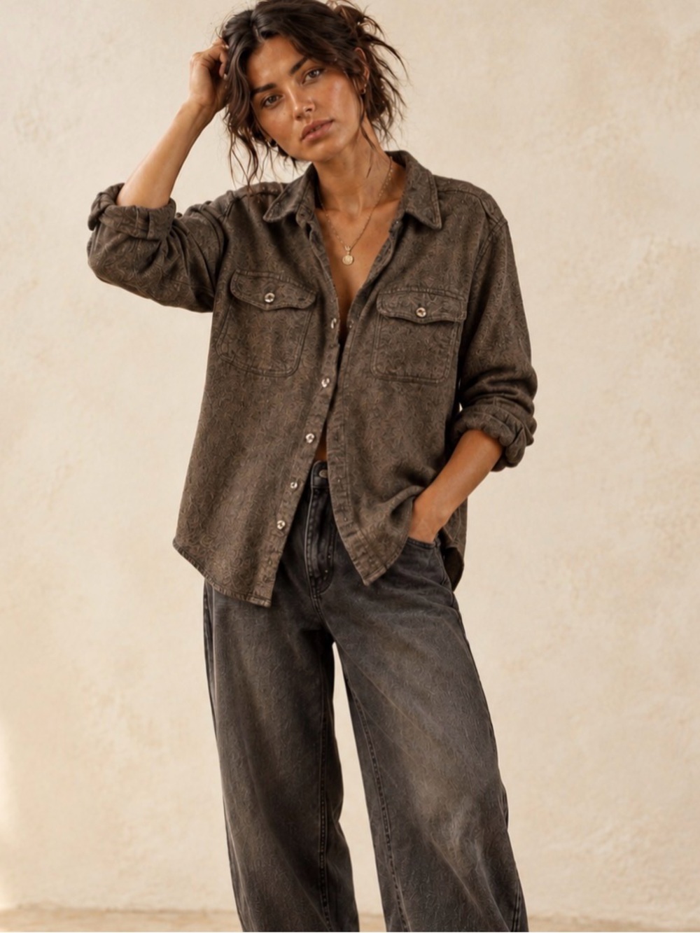 100% Cotton Twill Brown Button-Up | Free People Inspired | Relaxed Grunge| XL